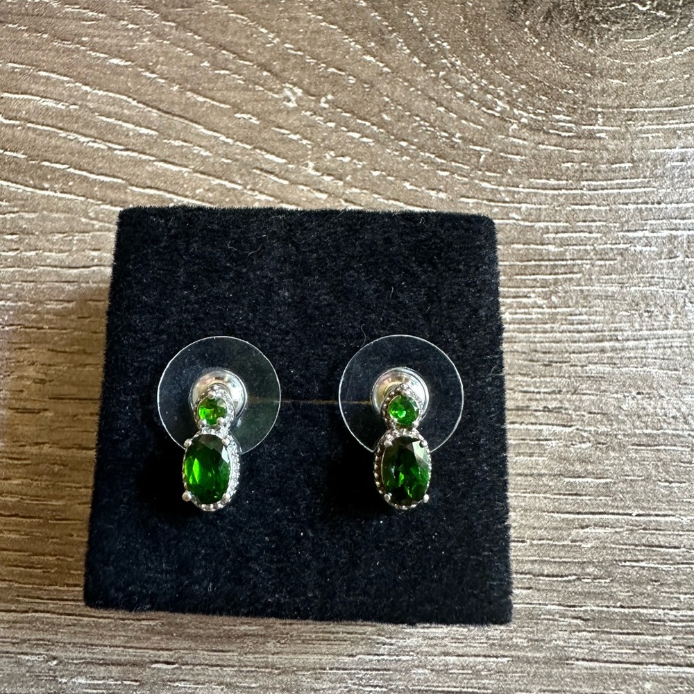 Sterling Silver 925 Simulated Emerald Green Oval & Round Drop Earrings